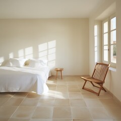 A serene bedroom with symmetrical furniture, natural light highlighting the clean design and warm shadows