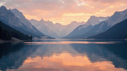 Fototapeta premium A stunning panorama captures majestic mountain peaks reflected in a serene lake under a mesmerizing pink-orange sky dotted with fluffy cumulus clouds. 