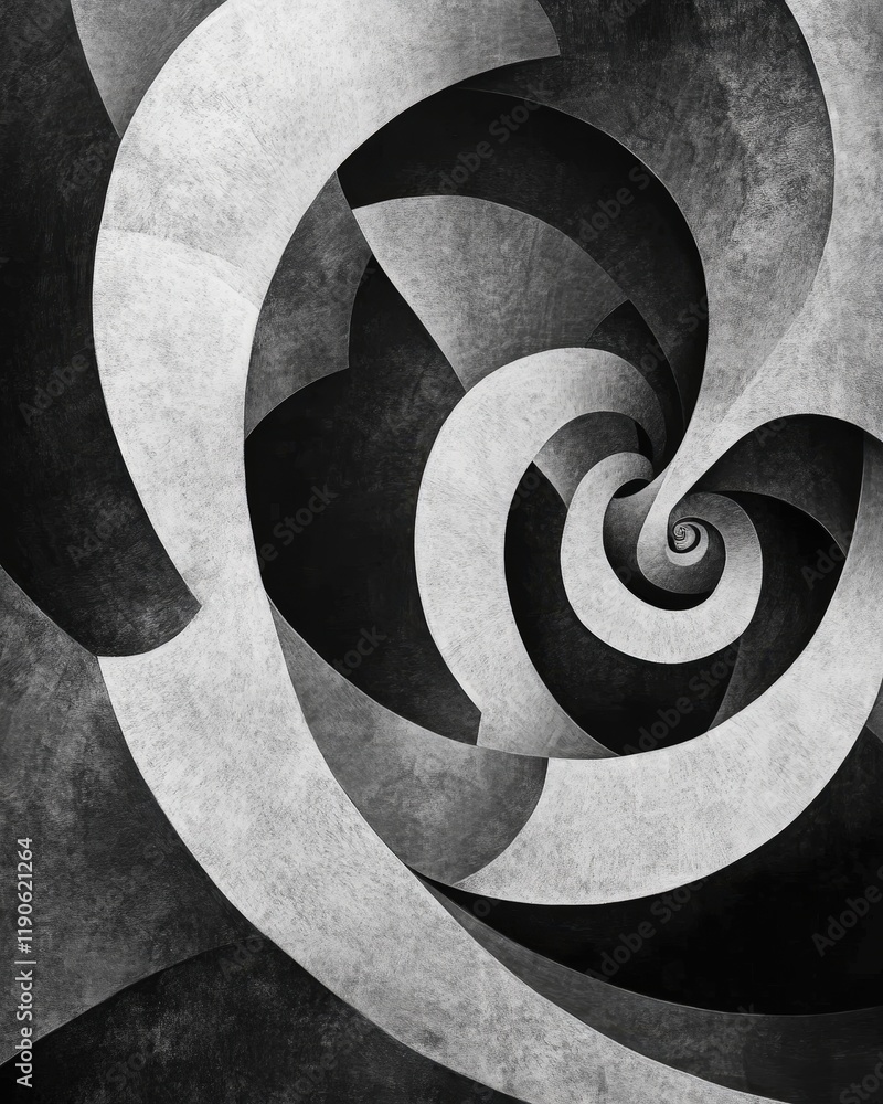 Poster a dynamic optical illusion pattern with spiraling geometric shapes in black and white