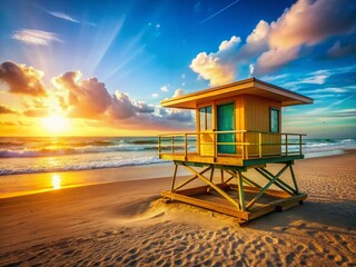 Obraz premium Lifeguard Stand on Sandy Beach, Sunny Day, Ocean View, High Depth of Field Stock Photo