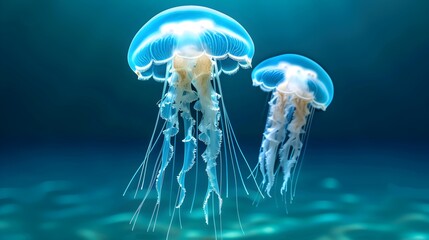 Obraz premium Two vibrant, translucent jellyfish, showcasing their delicate bell-shaped bodies and flowing tentacles, drift serenely in a deep teal aquarium.
