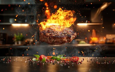 A sizzling steak in mid-air, with flames visible in a blurred open kitchen background