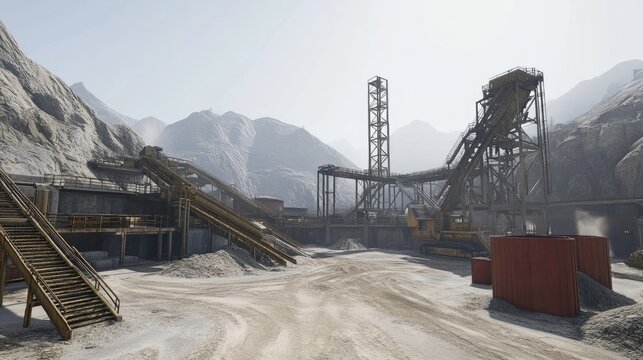 Foggy morning at a mountain mining site with equipment starting operations.