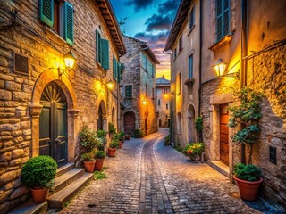 Fototapeta premium Long Exposure: Ancient Village Street, Marche Region, Italy. Charming Italian alleyway at twilight, magical atmosphere.