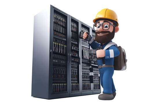 IT Specialist Working On Server Racks, 3D cartoon character, isolated on transparent or white background cut out, high definition