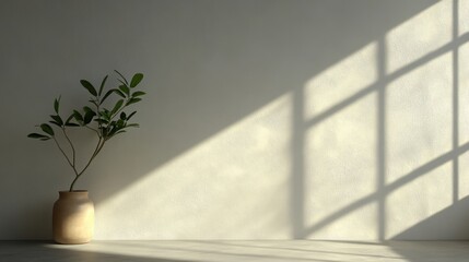 A minimalist bedroom with warm tones, natural light casting soft shadows across the tidy layout