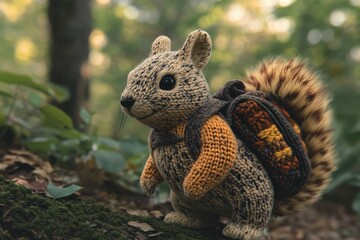 Obraz premium A knitted rabbit with a backpack walks through the forest very close