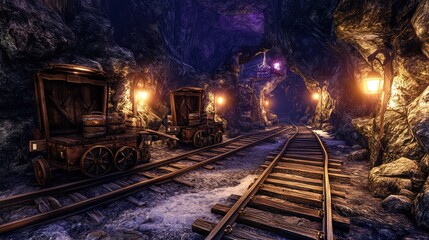 Naklejka premium Inside view of an underground mine with rail carts and lighting.
