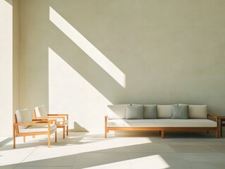 A serene space with geometric patterns in the decor, sunlight creating bold shadow contrasts on the walls