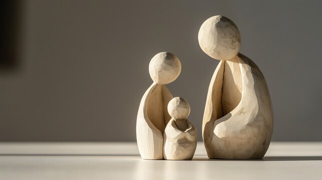 Minimalist wooden craft carved family of three, parents and children shape, meaningful sentimental value decoration