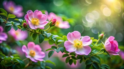 Fototapeta premium Long Exposure Dog Rose: Pink Flowers & Lush Green Leaves - Nature Stock Photo