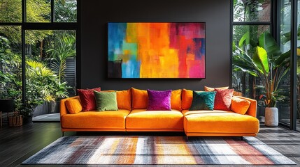 Orange sectional sofa in modern living room with abstract art.