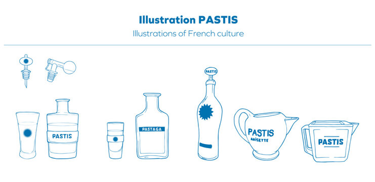 Illustrations de pastis et accessoires li&eacute;s &agrave; la culture m&eacute;ridionale et aux ap&eacute;ritifs traditionnels fran&ccedil;ais