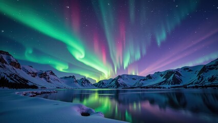 Majestic mountain peaks embrace a serene lake under a starlit, indigo sky, as ethereal auroras dance overhead.  
