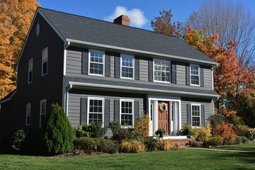 Contractors replace old siding with new vinyl and fiber cement materials on a residential home during a sunny day in autumn