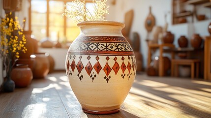 Ornate ceramic vase in pottery studio.