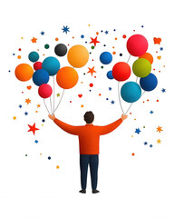 [Cartoon illustration of a happy man surrounded by colorful balloons] Colorful Celebration Cartoon: Man Surrounded by Vibrant Balloons Embracing Joy and Excitement