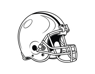 black and white illustration of an american football helmet with detailed lines and shading, showcasing the essential protective gear used by players in the sport