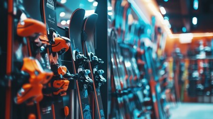 Ski equipment rental shop featuring various skis and snowboards in an inviting atmosphere for winter sports enthusiasts