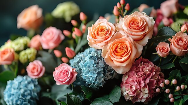 Close-up of vibrant roses and hydrangeas with a birthday card in the center, creating a soft focus effect