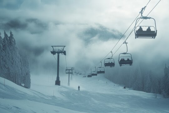 Ski lifts transport eager winter sports enthusiasts up a majestic snowy mountain landscape under a cloudy sky