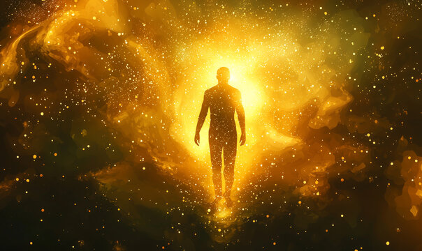 A silhouette of a person walking towards a bright, glowing cosmic background filled with stars and particles, evoking a sense of transcendence and wonder.