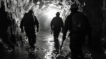 Obraz premium Miners walking through a long underground tunnel with tools.