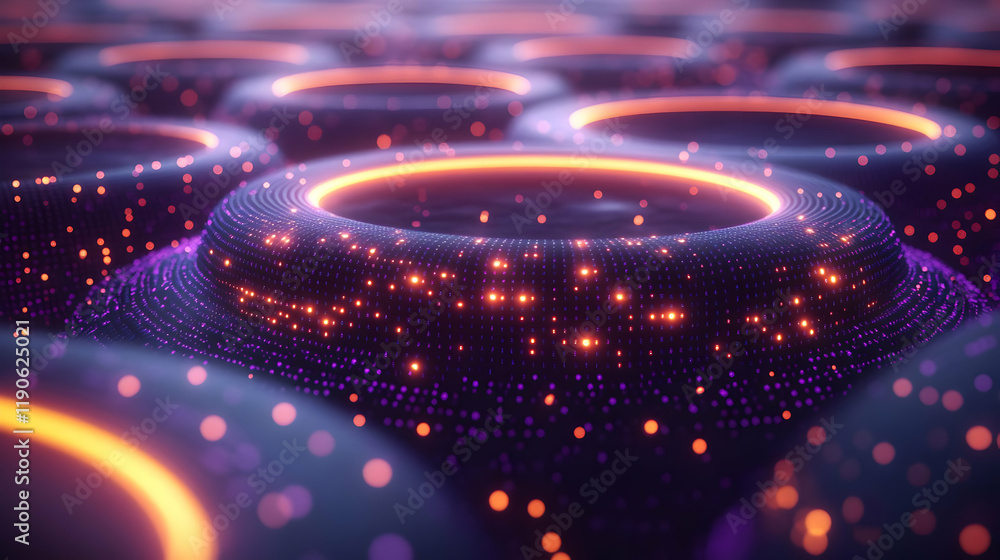 Poster abstract 3d rendering of illuminated particle network with orange and purple glow