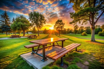 Obraz premium Long Exposure Picnic: BBQ Park Table & Benches, Empty Space for Text