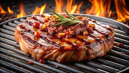 Grilled beef steak on a charcoal grill with a BBQ sauce drizzle and crispy bacon bits, grill, bacon,  grill, bacon, cooking