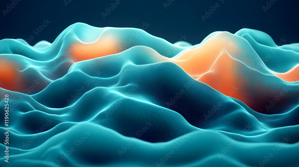 Poster abstract 3d render of teal and orange particle waves, digital art background