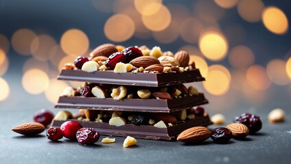 Dark Chocolate Bar Stack with Nuts and Fruit.