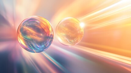 Two iridescent spheres travel through a vibrant cosmic landscape