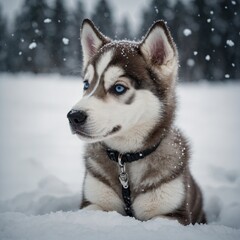 Naklejka premium A Siberian husky puppy with one blue eye and one brown eye sitting on white snow.