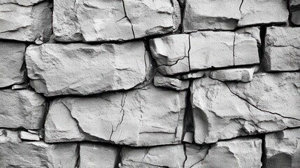 Monochrome stone wall featuring rough textured irregular blocks and hairline cracks