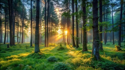 Fototapeta premium Forest at dusk with trees and undergrowth, outdoors, forest, outdoors, forest, atmosphere, peacefulness, greenery