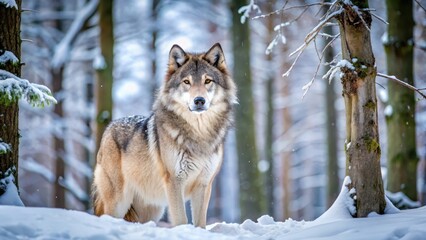 Fototapeta premium A lone timber wolf standing on a snowy forest floor