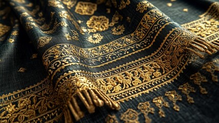 Fototapeta premium A close-up view of an Islamic prayer rug showing intricate geometric patterns and golden embroidery, with soft natural light illuminating the textures of the fabric.