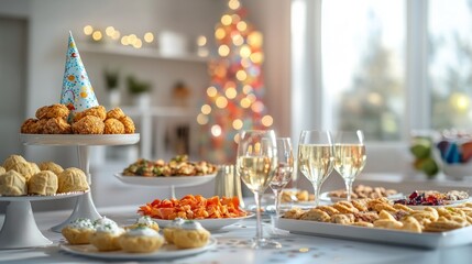 Naklejka premium Purim dinner setup featuring large table with assortment of appetizers, hamantaschen cookies, wine glasses, party hats.setting is bright cheerful, with playful decorations like streamers, confetti