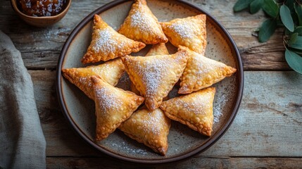 Plate of freshly baked hamantaschen cookies, filled with apricot chocolate jam, set on rustic wooden table. Сookies have golden-brown finish, with powdered sugar sprinkled lightly on top