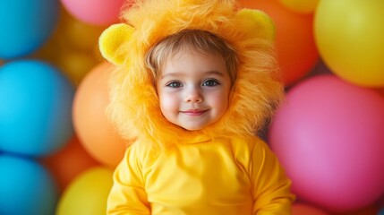 Fototapeta premium Child dressed Purim costume resembling a small, playful lion, complete with a fuzzy mane, tail, and bright yellow outfit. Child stands happily front of colorful backdrop Purim carnival festivities.