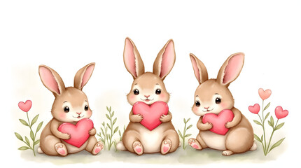 Watercolor painting of three bunnies holding pink hearts, surrounded by delicate plants and charming details.