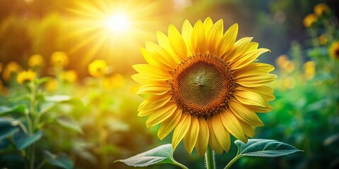 Low Light Sunflower Photography: Vibrant Yellow Petals & Green Leaves - Joyful Nature Stock Photo