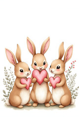Fototapeta premium Watercolor painting of three bunnies holding pink hearts, surrounded by delicate plants and charming details.