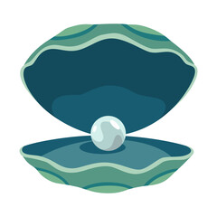 Pearl in seashell. Open seashell scallop and pearl shell icon. Beautiful pearl in clam shell in cartoon flat style. Vector illustration isolated on white background