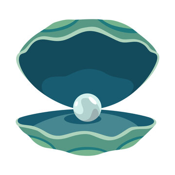 Pearl in seashell. Open seashell scallop and pearl shell icon. Beautiful pearl in clam shell in cartoon flat style. Vector illustration isolated on white background