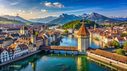 Lucerne Switzerland Panoramic Aerial View Chapel Bridge Wasserturm Iconic Landmark