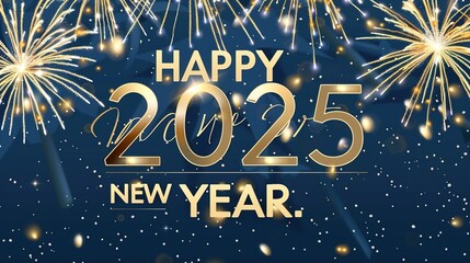 A captivating dark blue background adorned with dazzling golden fireworks, üzerine "2025" written in shimmering gold ink, accompanied by the words "HAPPY NEW YEAR" beside it. The scene exudes an atmos