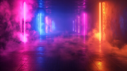 Futuristischer Cyberpunk-Hintergrund mit leuchtenden Neonfarben. Digitale Rasterlinien und Gitterstrukturen in surrealem Cyberspace-Design