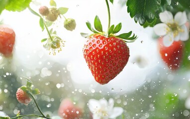 A fresh strawberry softly hovering on a bright white backdrop